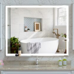 LED Bathroom Vanity Mirror, Wall Mounted Adjustable White / Warm / Natural Lights Anti-Fog Touch Switch With Memory Modern Smart Large Bathroom Mirrors - Silver