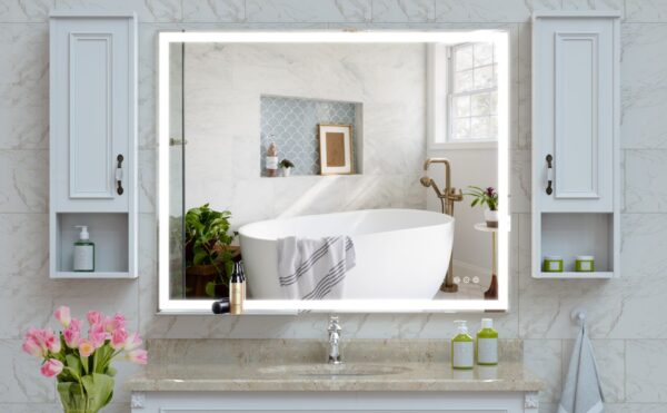 LED Bathroom Vanity Mirror, Wall Mounted Adjustable White / Warm / Natural Lights Anti-Fog Touch Switch With Memory Modern Smart Large Bathroom Mirrors - Silver