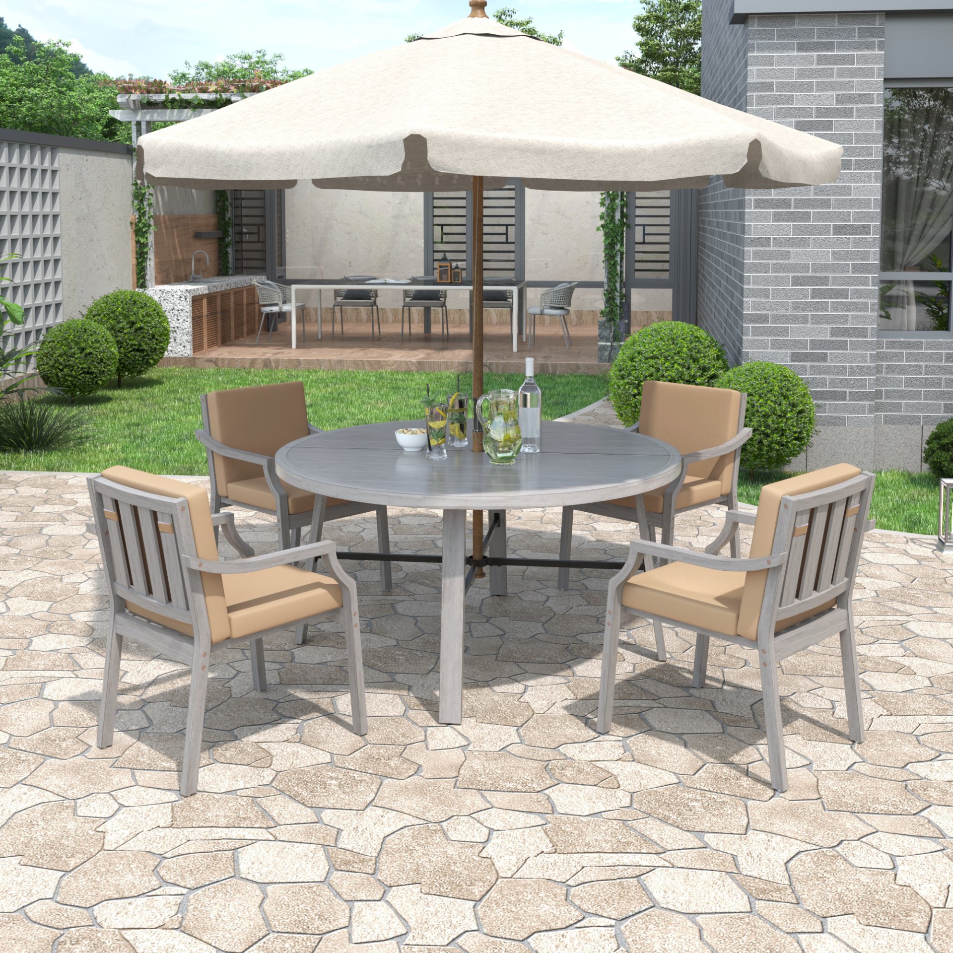 Outdoor Dinning Set 4 Person Outdoor Wooden Dinning Set With An Umbrella Hole And Removable Cushions For Patio, Backyard, Garden - Antique Gray - Image 2