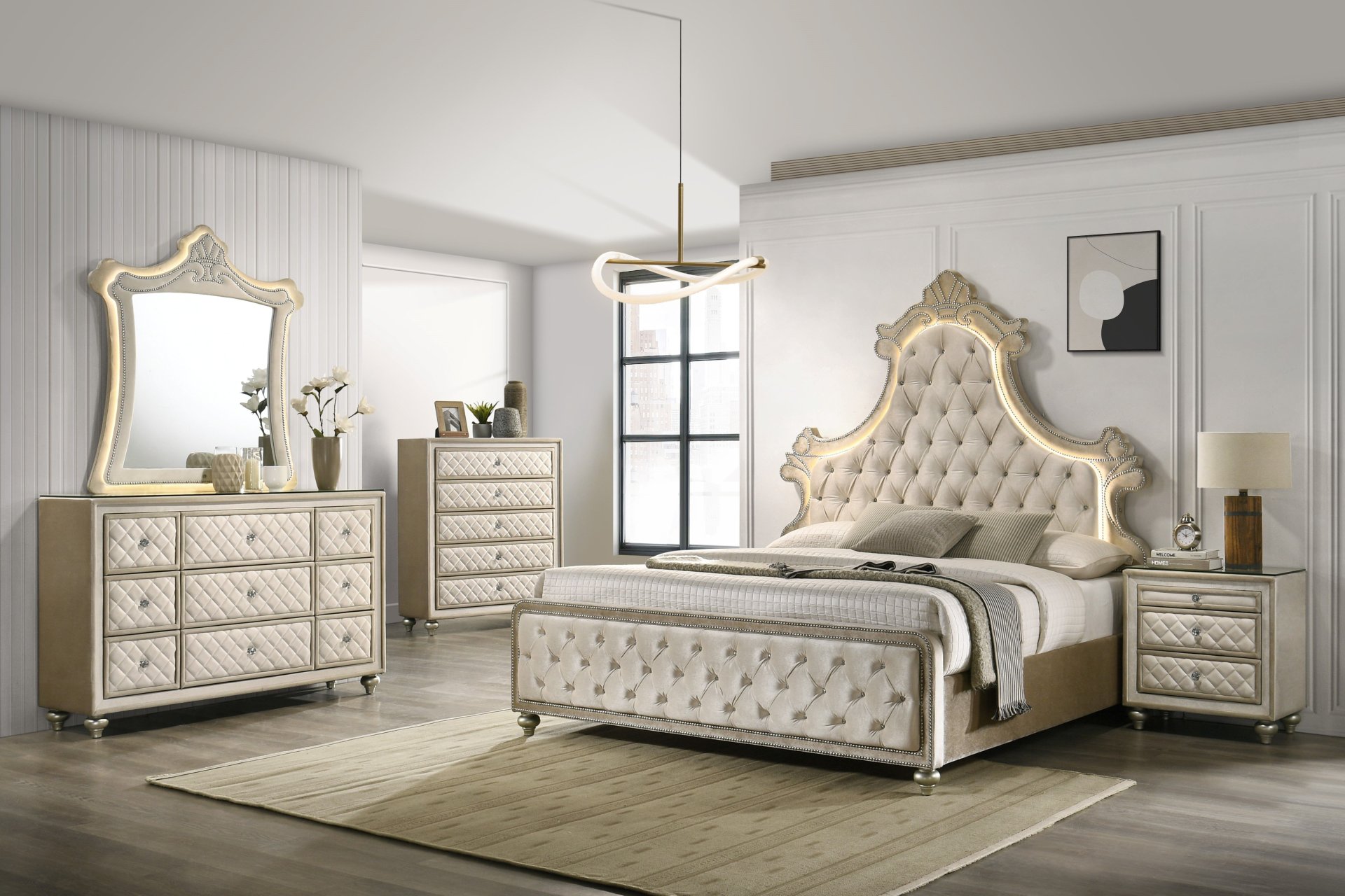 Lucienne -Queen Bed Velvet With LED - Beige - Image 4