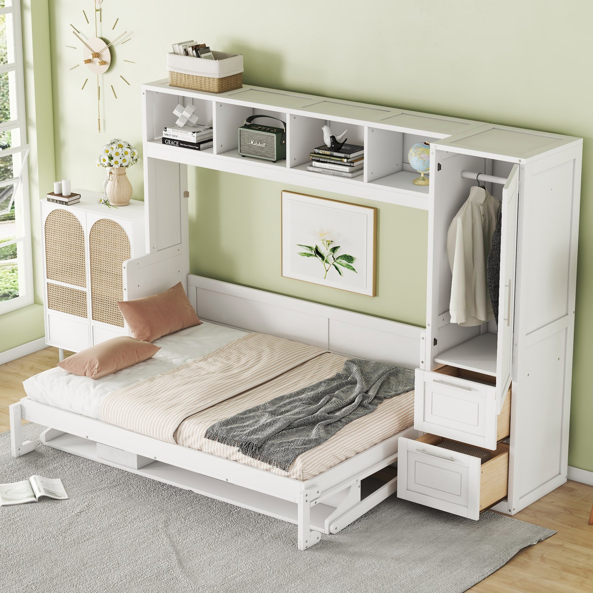 Full Size Murphy Wall Bed With Closet And Drawers - White - Image 4