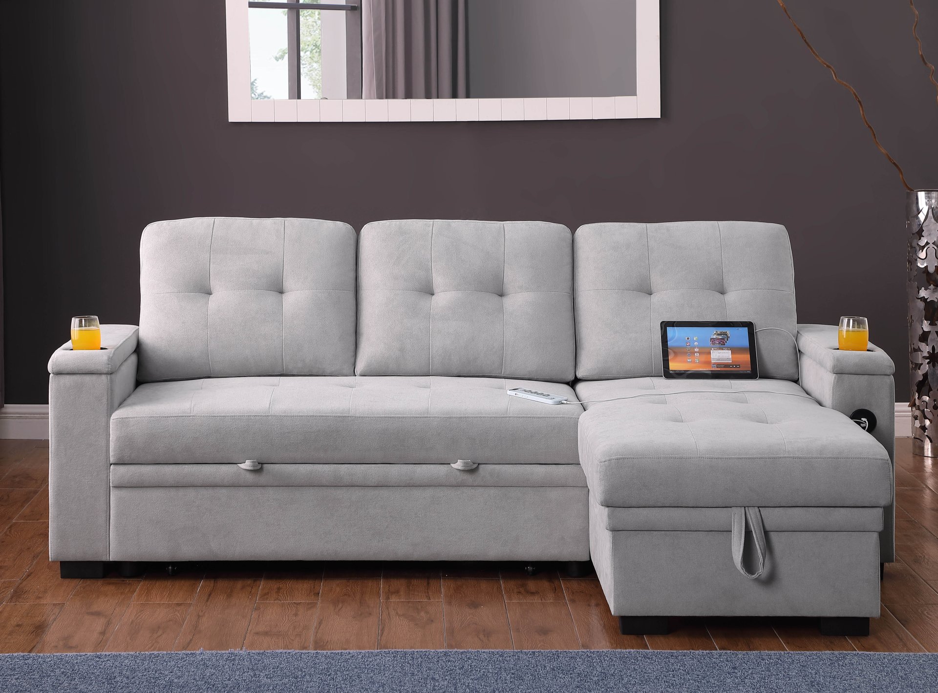 Ashlyn II - Woven Fabric Reversible Sleeper Sectional Sofa With Storage Chaise, Storage Arm, Cup Holder, Charging Ports, Side Pockets, and Pocket Coil Seating - Gray - Image 7