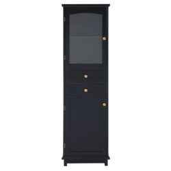Tall Bathroom Storage Cabinet With Glass Doors, Free-Standing, Two Drawers, And Adjustable Shelves, MDF Board, Painted Perfect For Displaying Your Favorite Items - Black