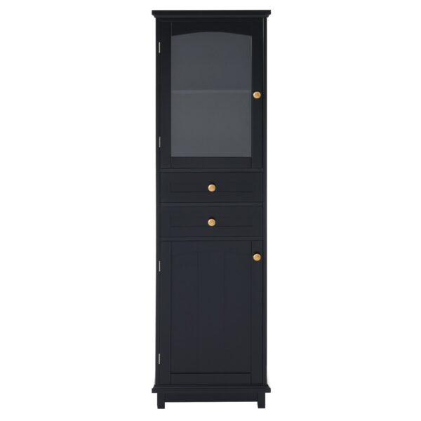 Tall Bathroom Storage Cabinet With Glass Doors, Free-Standing, Two Drawers, And Adjustable Shelves, MDF Board, Painted Perfect For Displaying Your Favorite Items - Black