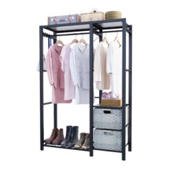 Acacia Wood Garment Rack With Shelves, 2 Wicker Drawers, 4 Hooks, Heavy Duty Closet Organizer - Light Gray