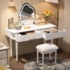 Modern Vanity Table Set With Mirror Touch Screen Lighted Mirror, Dressing Table And Cushioned Stool Set With 2 Large Drawers - White - Image 2
