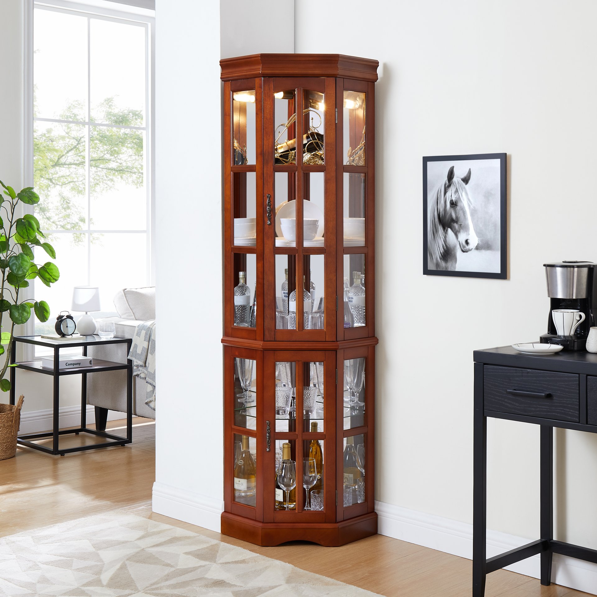 Corner Curio Cabinet With 5 Shelves And Lighting System (E26 Light Bulb Not Included) - Walnut - Image 2
