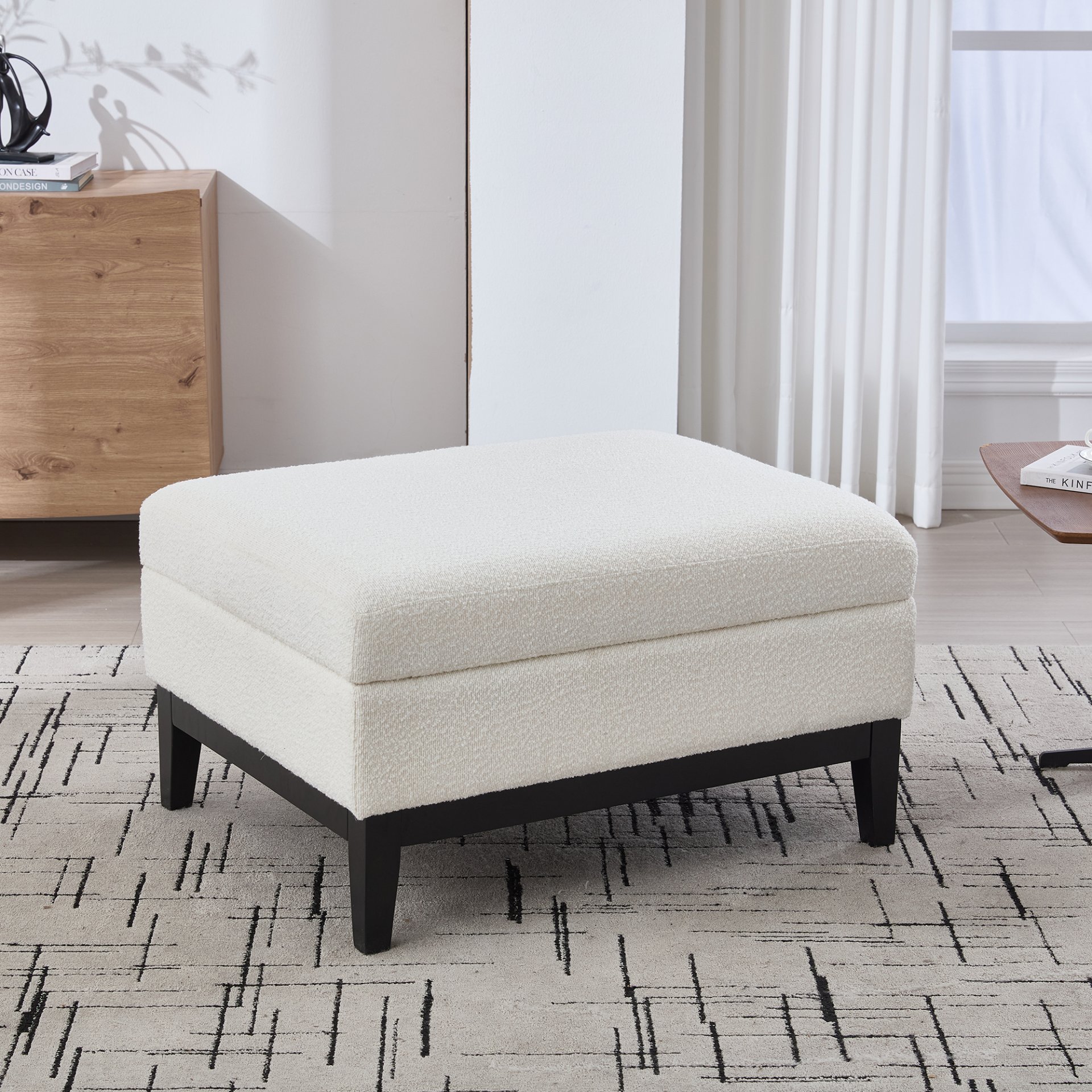 Upholstered Wood Base Storage Ottoman With Reversible Lid Coffee Table, Foot Stool Square Footrest With Rubberwood Legs For Living Room Bedroom Entryway And Office - Ivory - Image 2