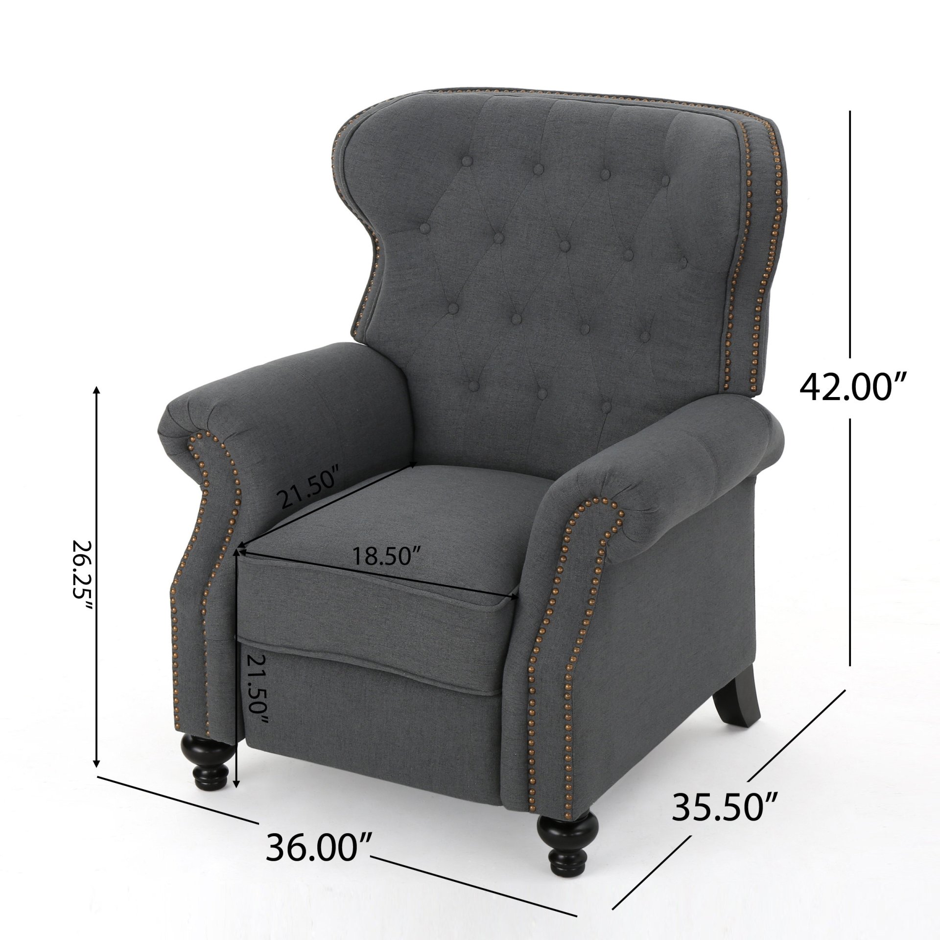 Accented Push Back Recliner Chair With Rolled Arms - Charcoal - Image 3