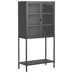 Heavy Duty Metal Storage Cabinet, Sideboards & Buffet, Display Storage Cabinet With Glass Doors And 2 Adjustable Shelves, Tall Bookcase Modern Bookshelf Cabinet For Home Office, Living Room - Black