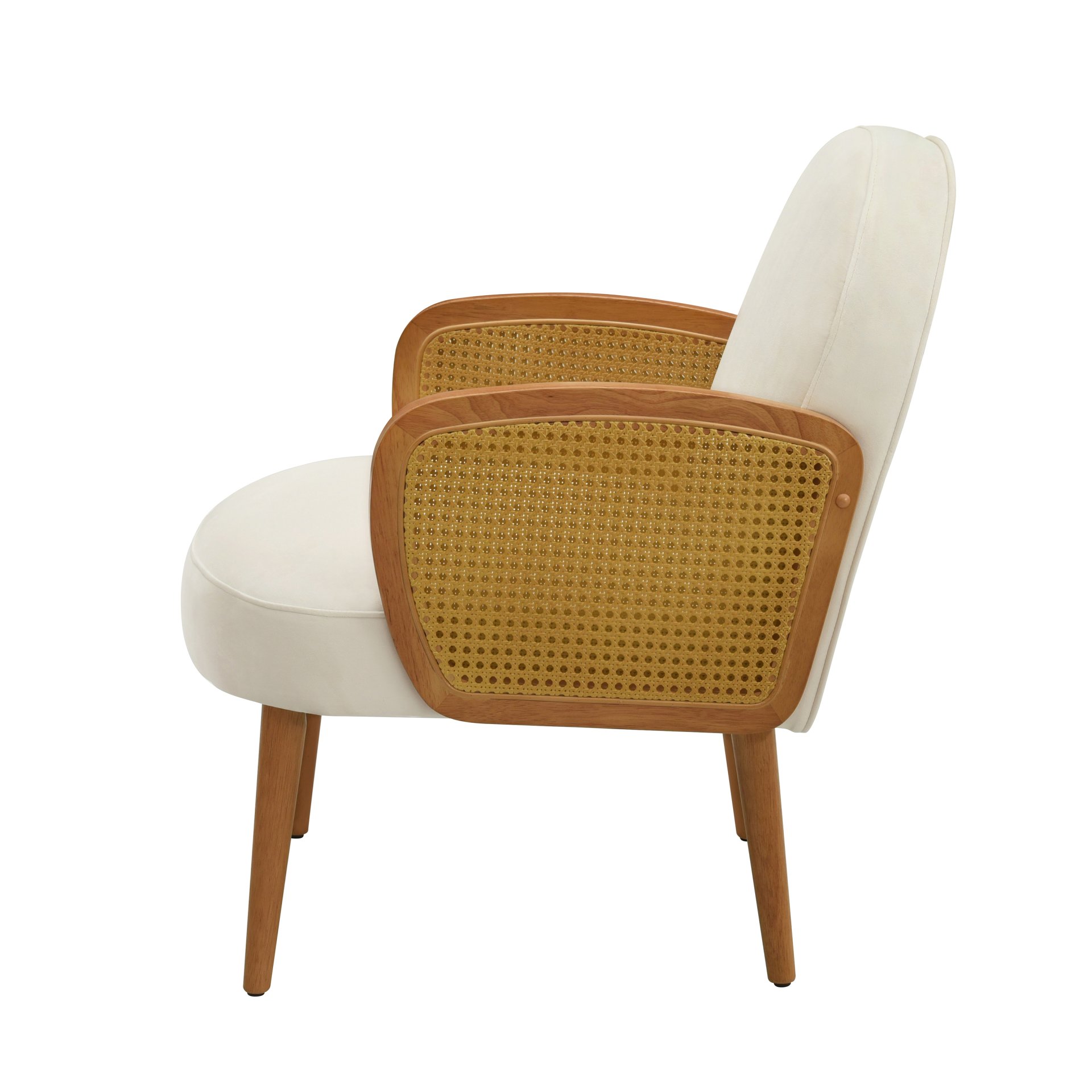 Mid Century Accent Chair With Rattan Armrests, Velvet Upholstery & Wooden Legs - Ivory - Image 8