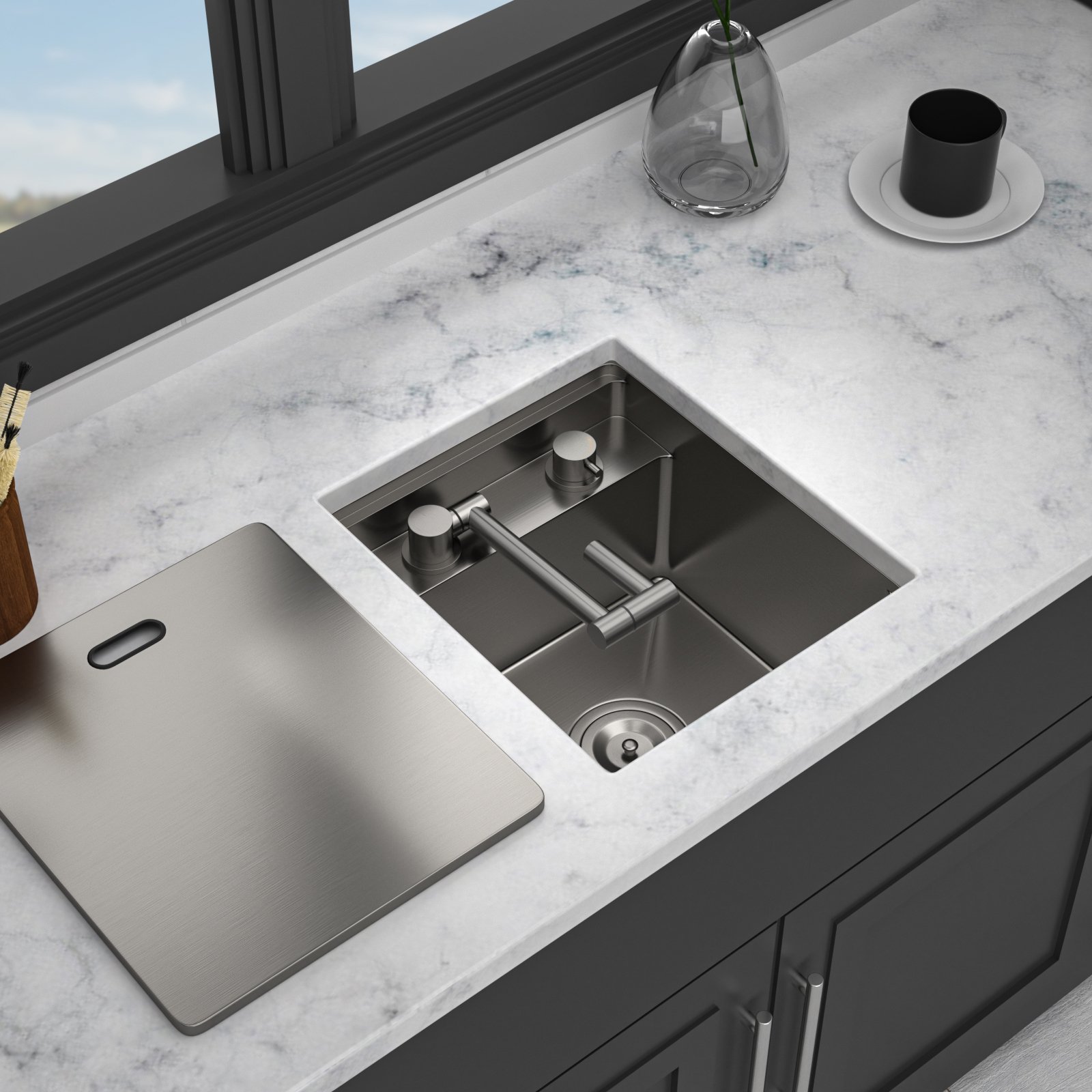 15" Undermount Bar Sink With Folding Faucet, 16 Gauge Stainless Steel, Single Bowl - Gunmetal Black - Image 5