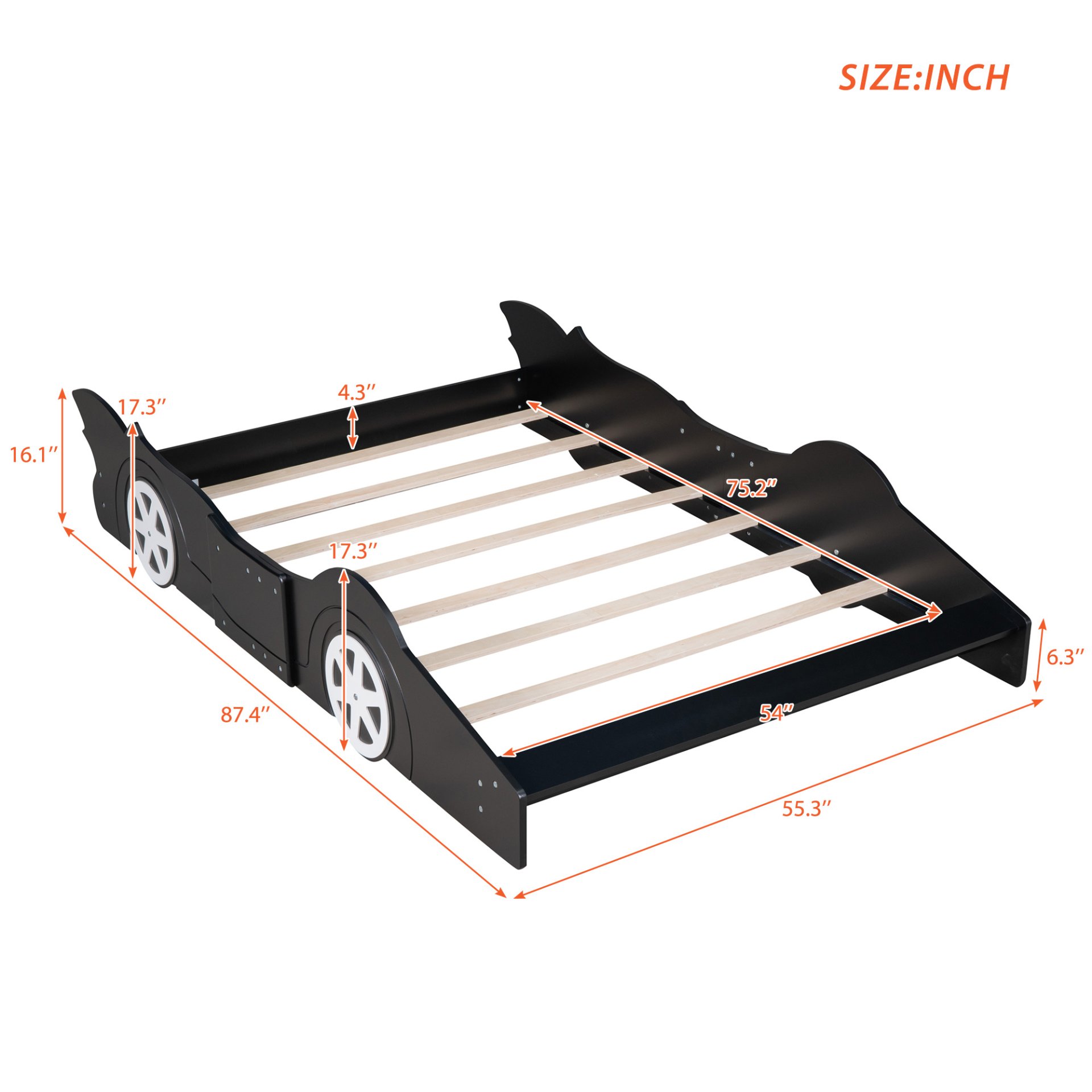 Full Size Race Car Shaped Platform Bed & Wheels - Black - Image 8