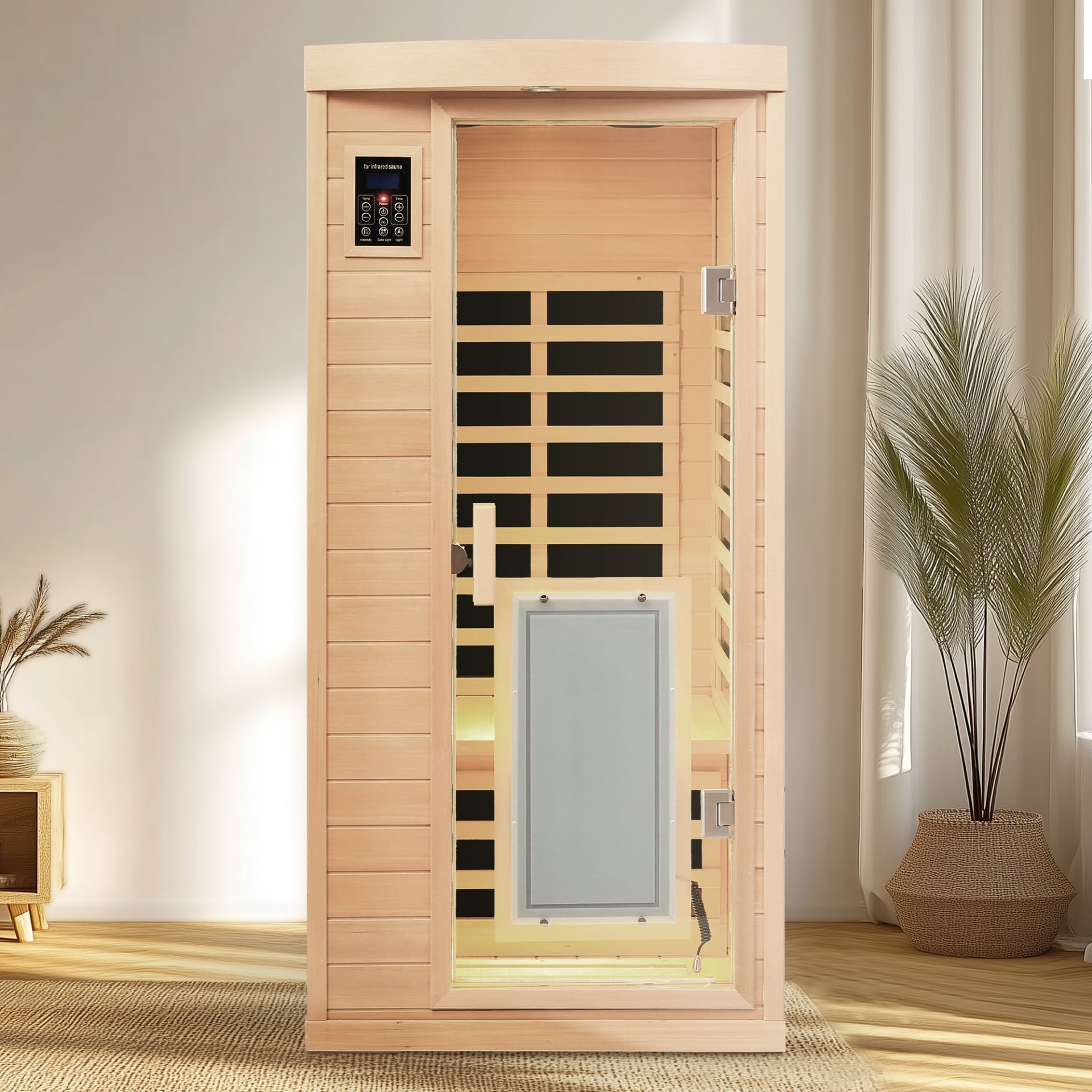 Low Emf Front Door With Heating Panel 1 People Hemlock Far Infrared Indoor Sauna Room - Natural - Image 4