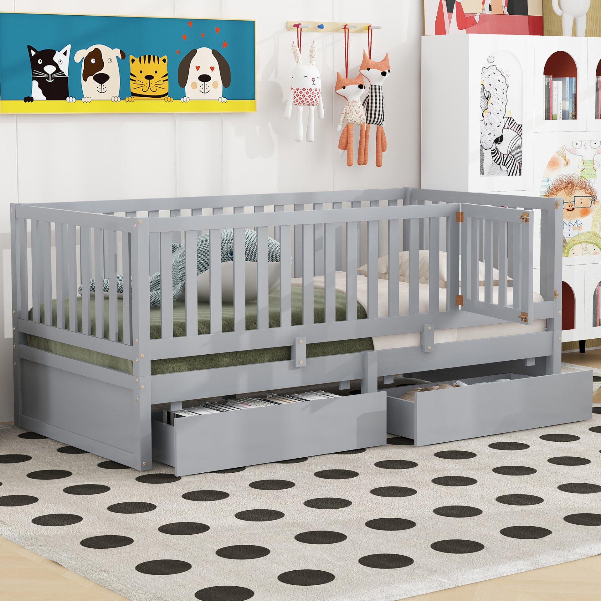 Twin Size Daybed With Fence Guardrails And 2 Drawers, Split Into Independent Floor Bed & Daybed - Gray - Image 2
