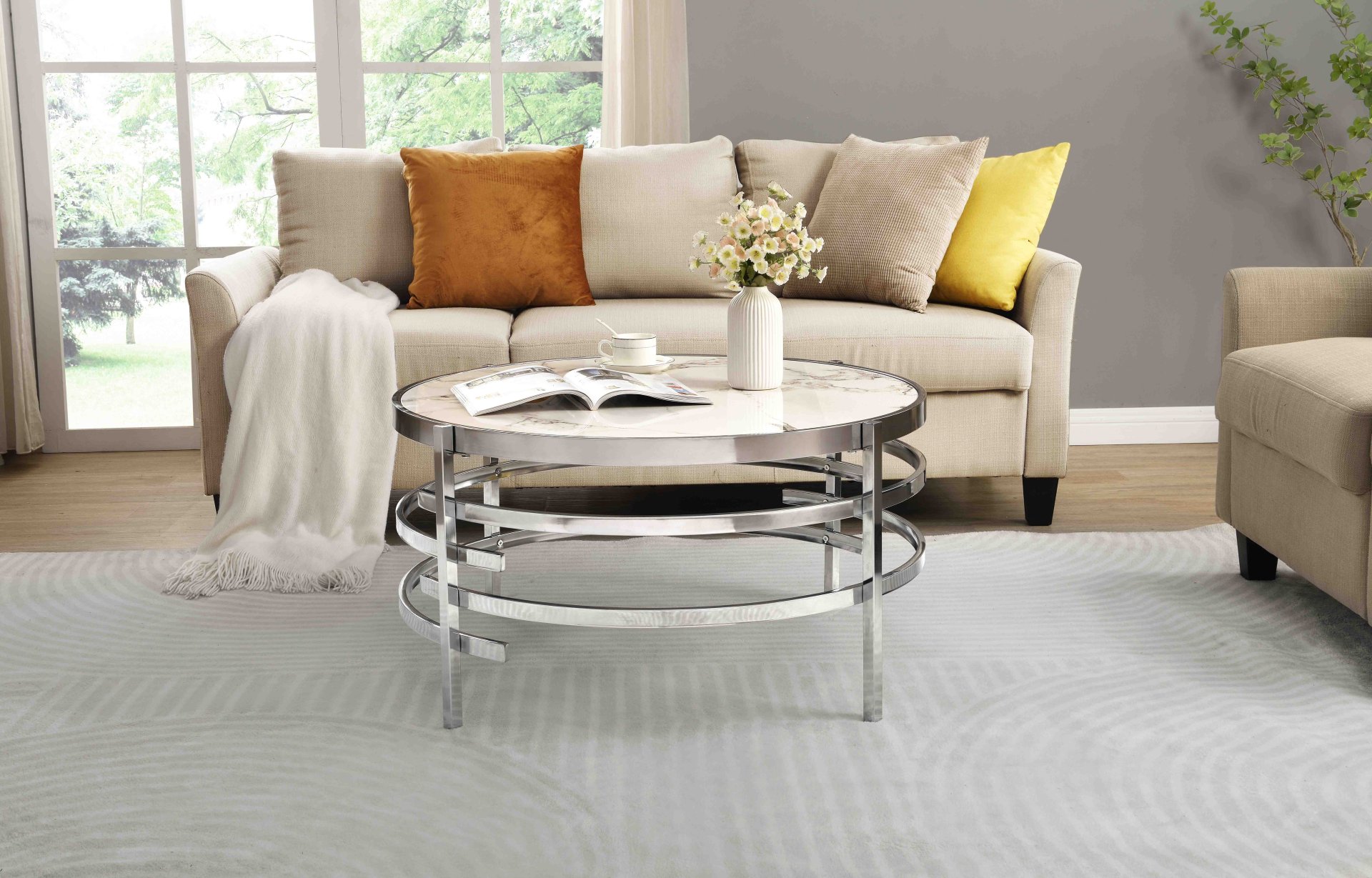 32.48'' Chrome Round Coffee Table With Sintered Stone Top & Sturdy Metal Frame, Modern Coffee Table For Living Room - Silver - Image 2