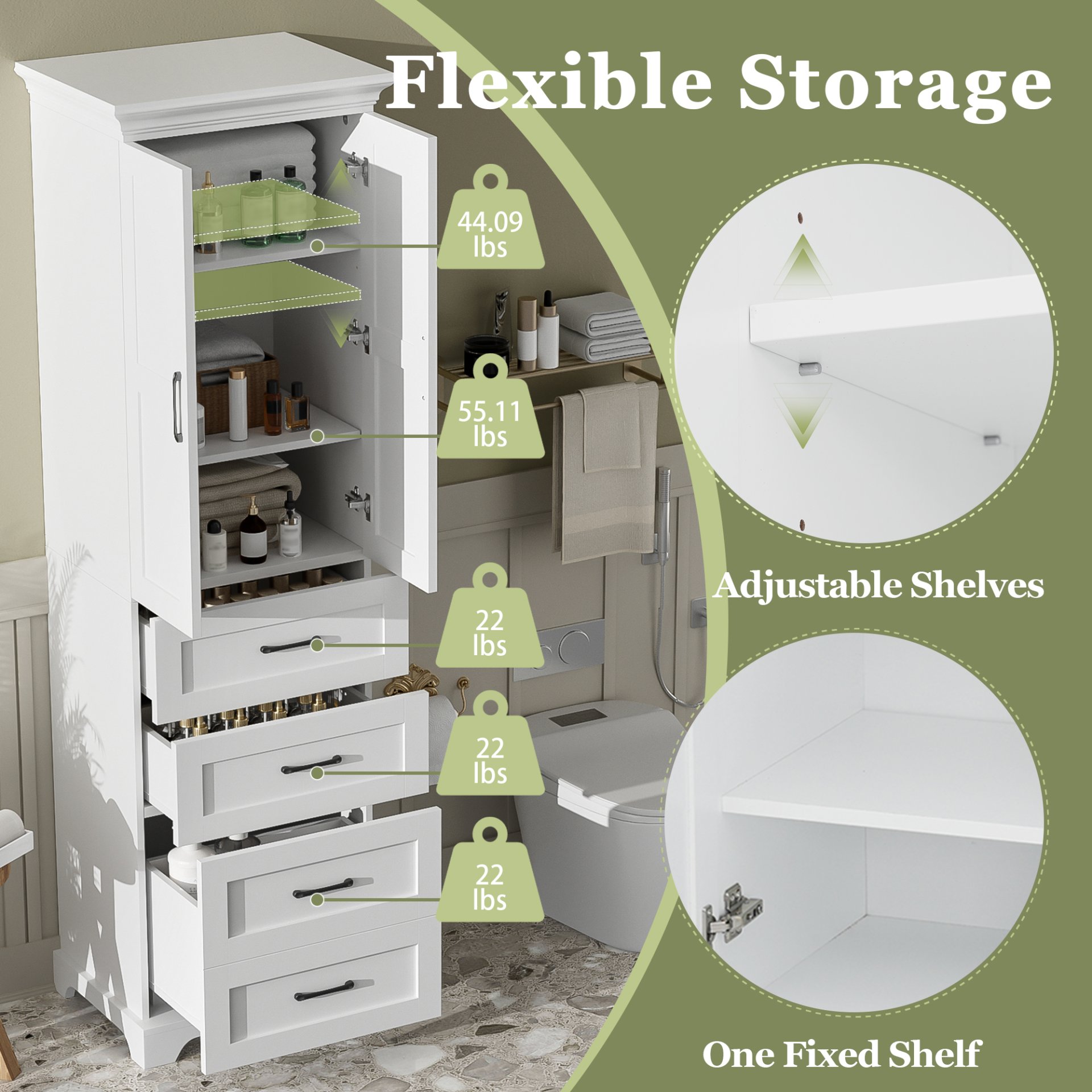 Bathroom Vanity With 2 Damping Hinge Doors, 3 Drawers, Adjustable Shelves - White - Image 8