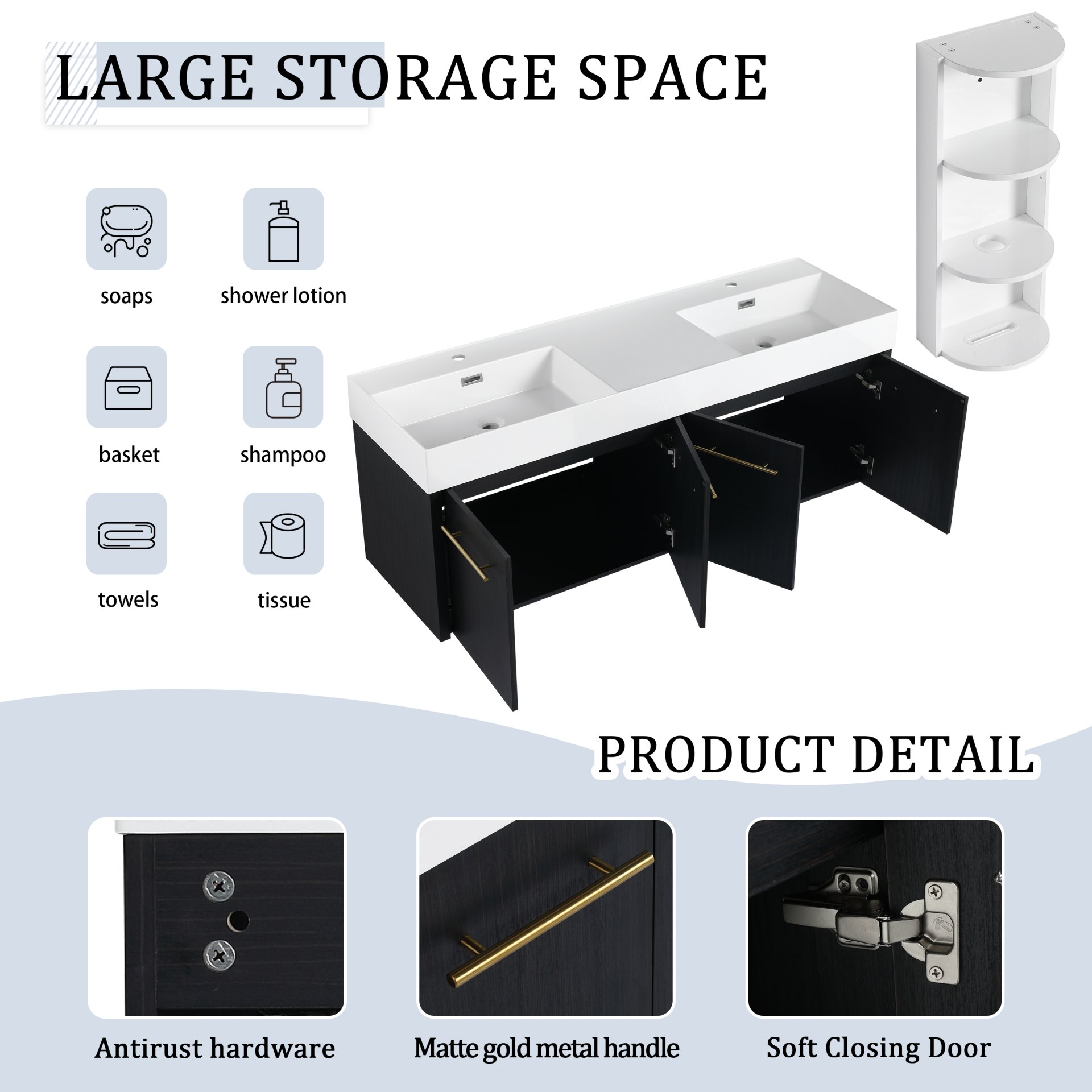 Modern Wall Mounted Bathroom Vanity With Double Resin Sink And Storage Rack - Black Chestnut - Image 8
