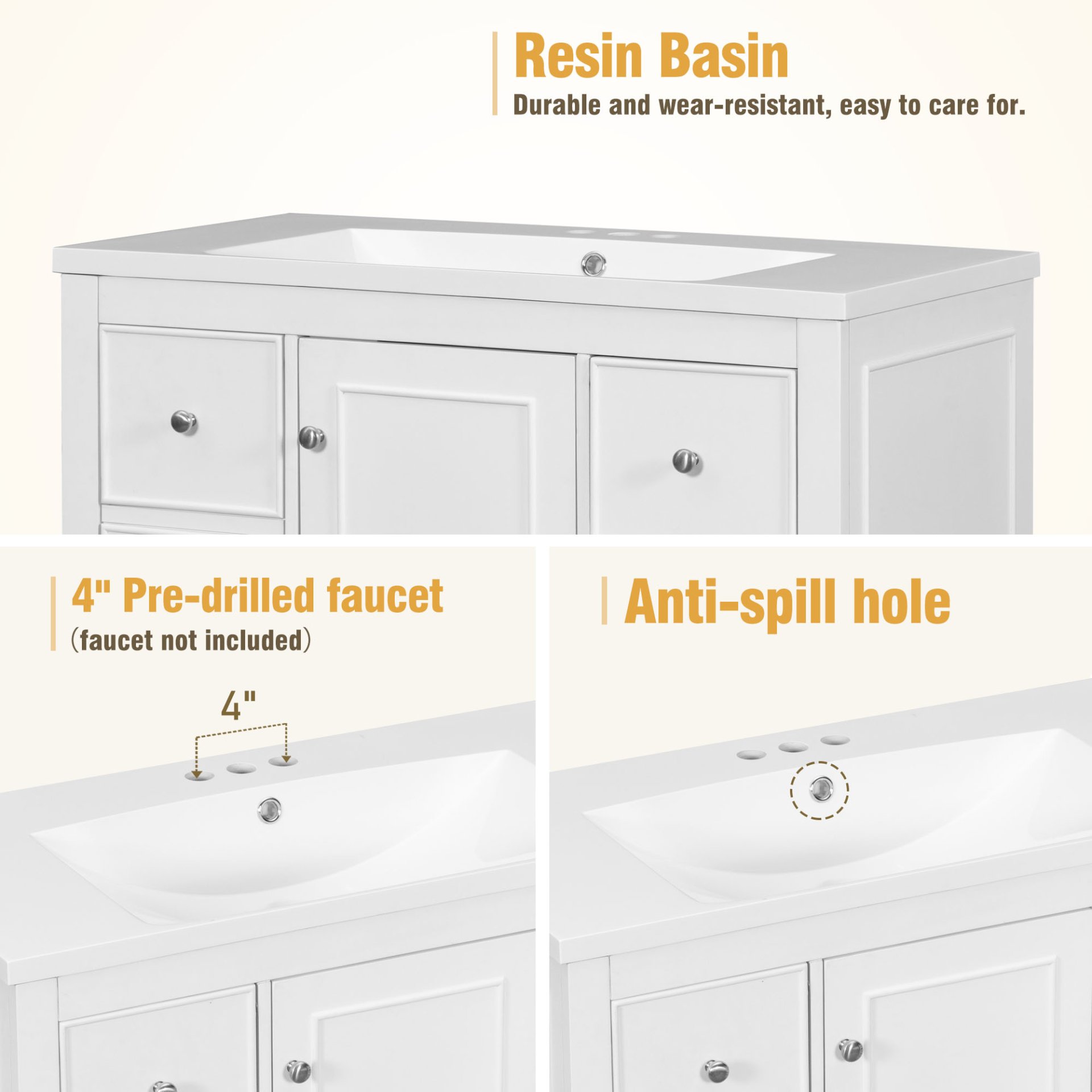 Contemporary Bathroom Vanity Cabinet, 4 Drawers & 1 Cabinet Door, Multipurpose Storage, Resin Integrated Sink, Adjustable Shelves, Solid Wood Frame With MDF - White - Image 8