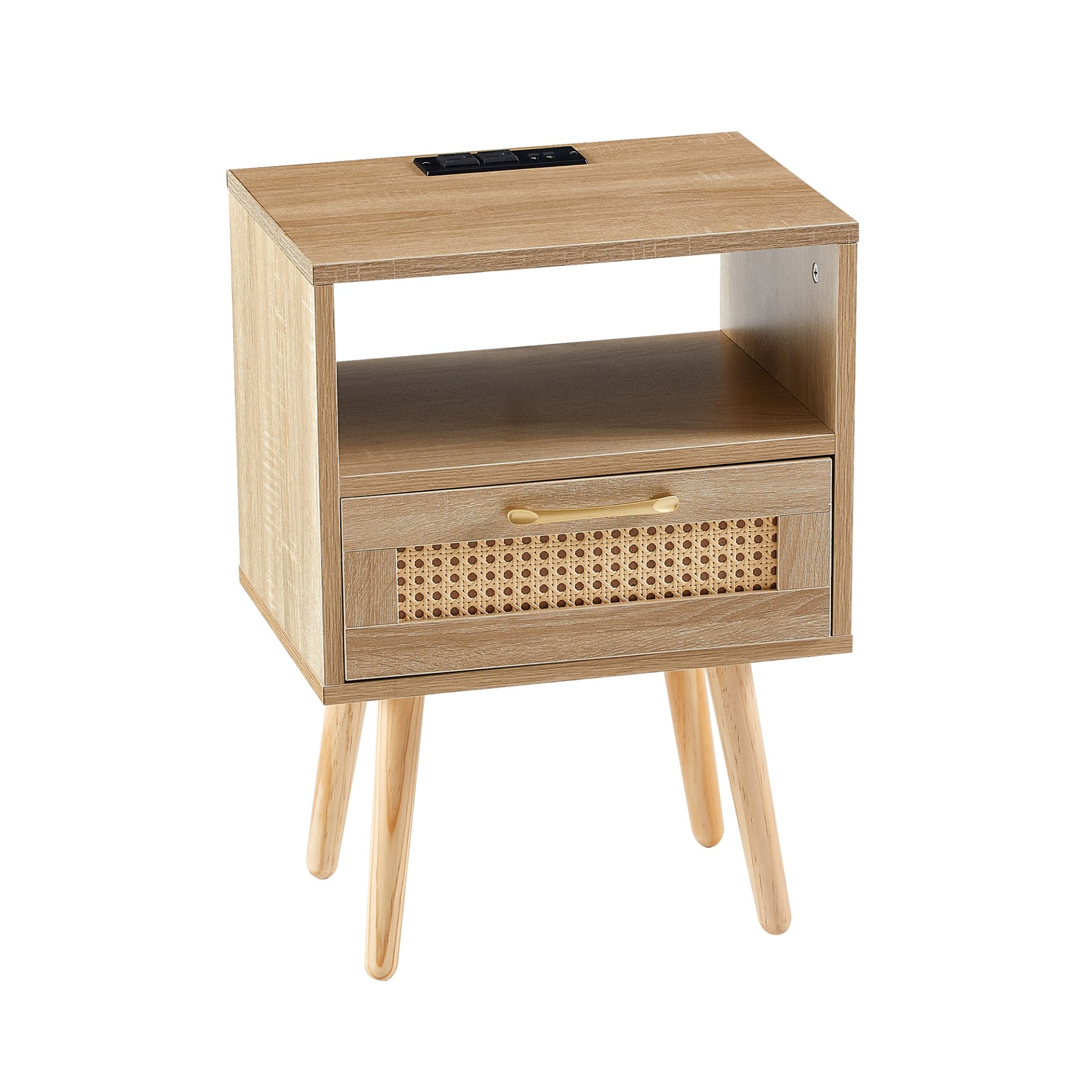 15.75" Rattan End Table With Power Outlet & USB Ports, Modern Nightstand With Drawer And Solid Wood Legs, Side Table For Living Room, Bedroom - Natural - Image 8