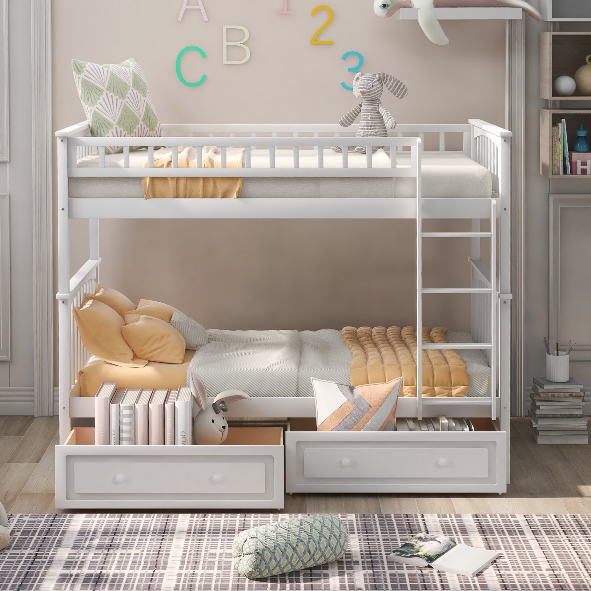 Twin Over Twin Bunk Bed With Drawers, Convertible Beds - White - Image 2