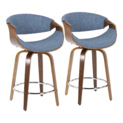Curvini - Mid-Century Modern Counter Stool (Set of 2) - Walnut / Blue