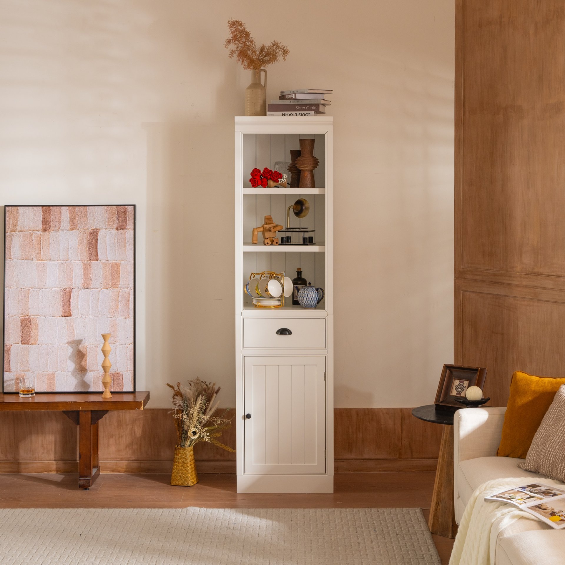 Retro Style 75'' Tall Display Shelf With Cabinet For Hallways Living Room Kitchen - White - Image 5