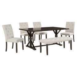 Farmhouse 6 Piece Dining Table Set With Rectangular Wood Table, 4 Upholstered Chairs, Bench - Espresso
