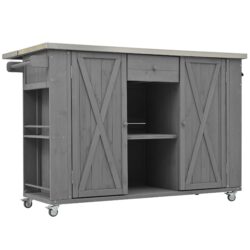 Outdoor Kitchen Island Fir Wood Kitchen Island With Stainless Steel Top, Ample Storage Space, Towel And Spice Racks And A Bottle Opener For Outdoor - Gray