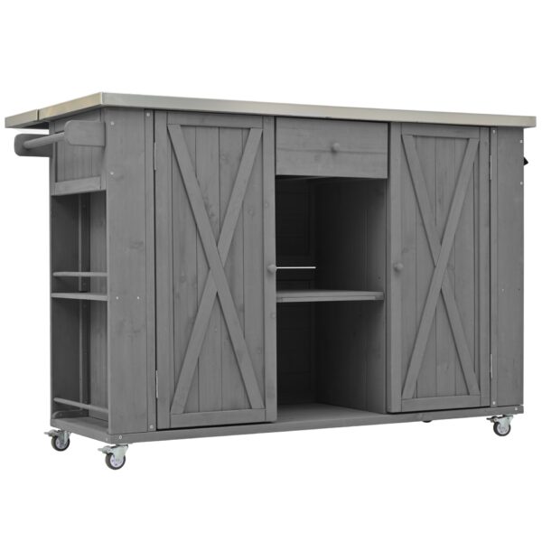Outdoor Kitchen Island Fir Wood Kitchen Island With Stainless Steel Top, Ample Storage Space, Towel And Spice Racks And A Bottle Opener For Outdoor - Gray