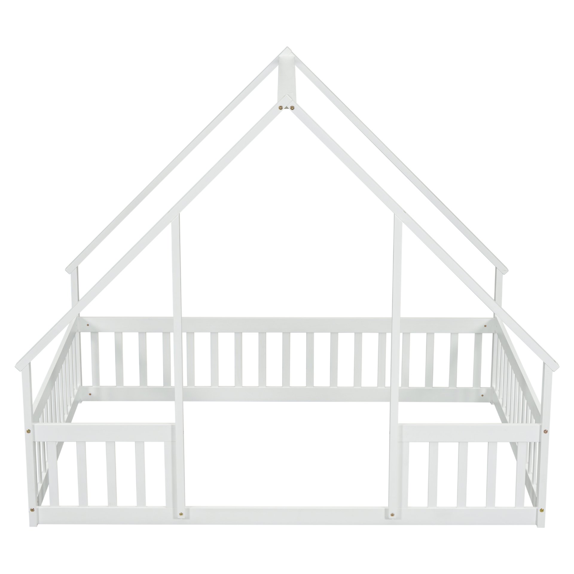 Full Wood House-Shaped Floor Bed With Fence, Guardrails - White - Image 17