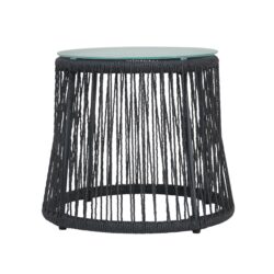 Southport - Boho Side Table With Glass Top, Woven Rope And Iron Frame - Gray
