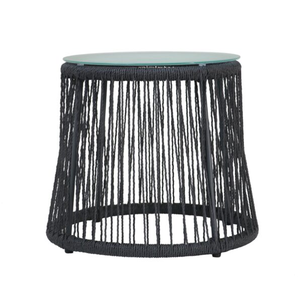 Southport - Boho Side Table With Glass Top, Woven Rope And Iron Frame - Gray