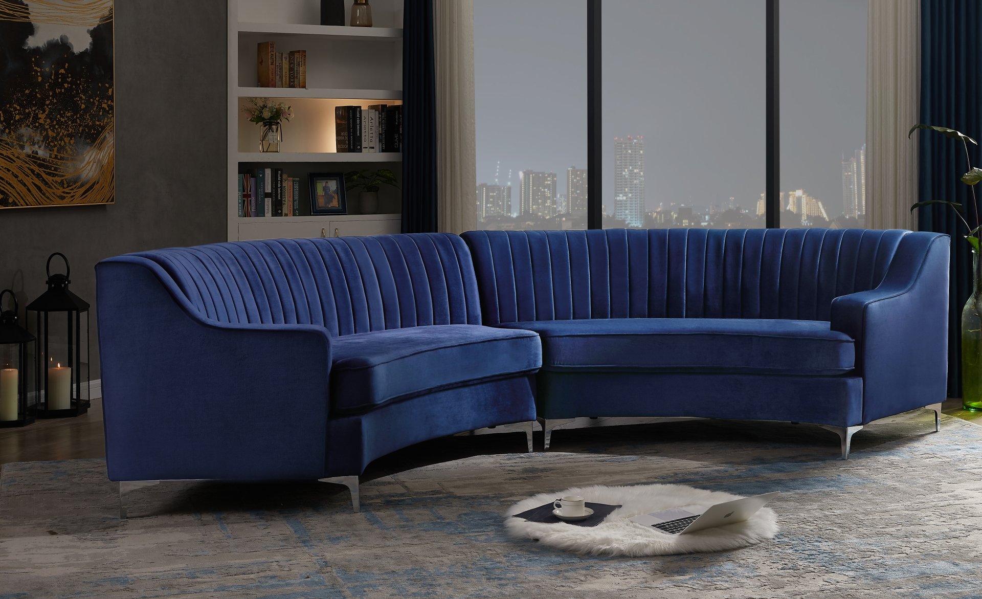 Velvet Curved Sofa - Navy Blue - Image 5