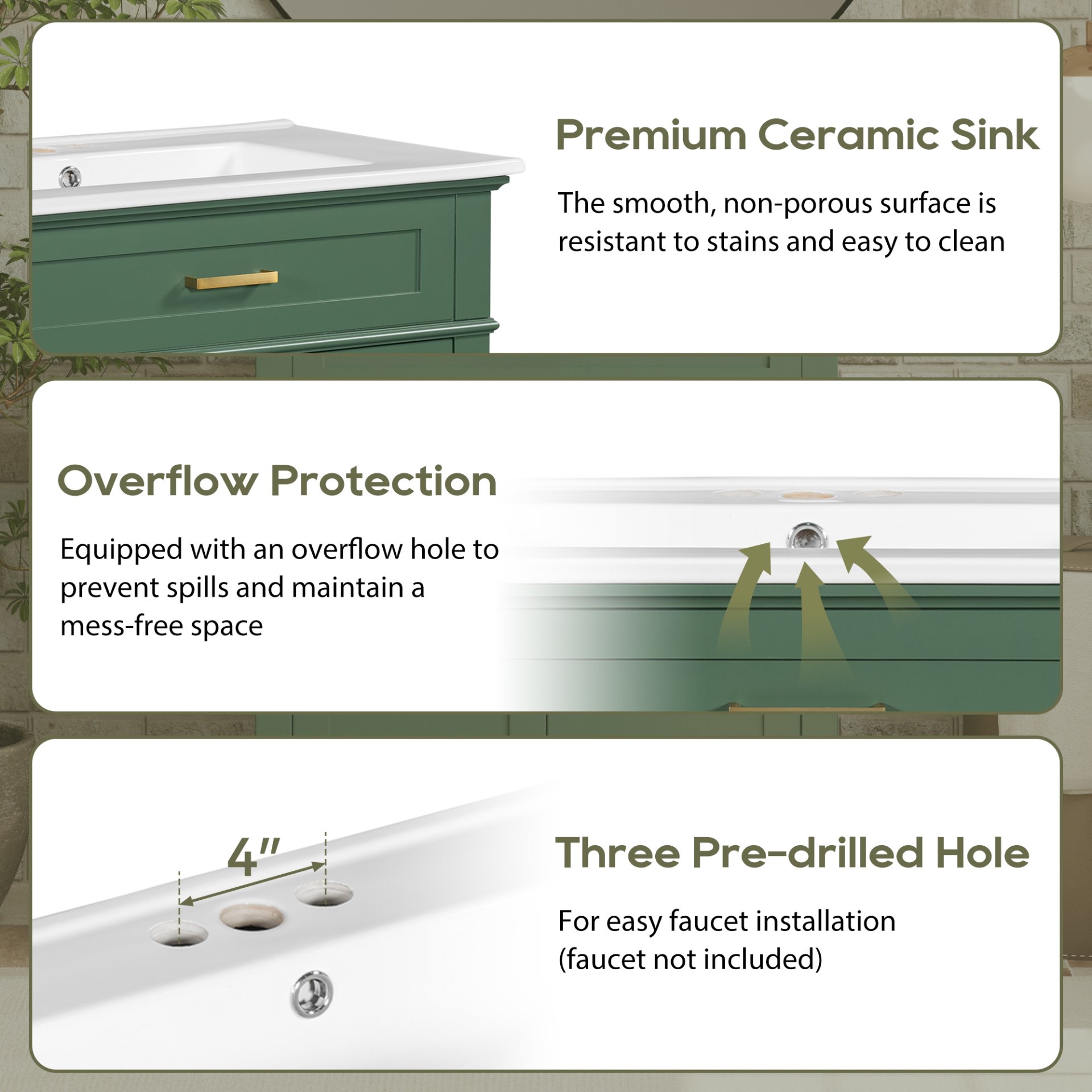 Bathroom Vanity With Ceramic Basin, Soft Close Door And Adjustable Shelves - Green - Image 9