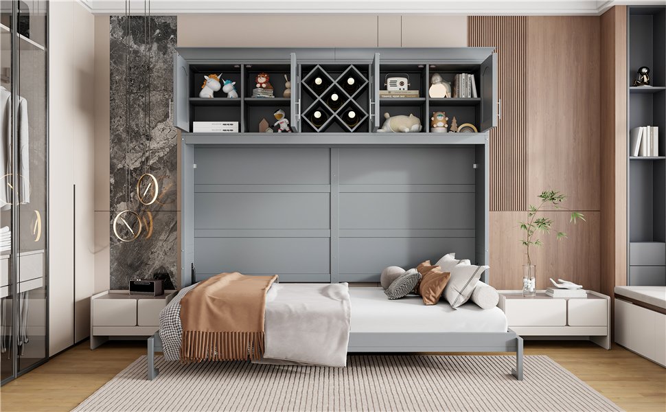 Queen Size Murphy Wall Bed With Top Cabinets & Wine Rack - Gray - Image 23