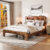 King Size Wood Platform Bed Frame With LED Storage Headboard And USB Ports - Dark Brown - Image 2