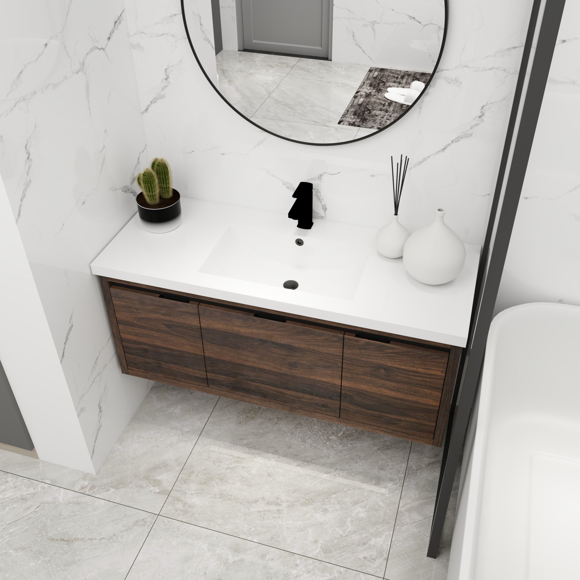 Floating 48" Bathroom Vanity With Resin Sink And Soft Close Doors California Plywood - California Walnut - Image 5