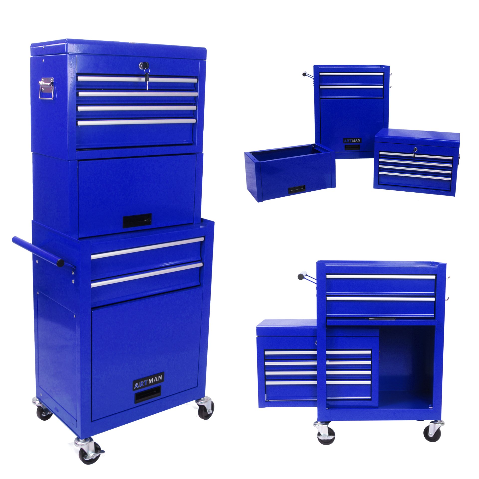 6 Drawer Lockable Tool Cabinet On Wheelsб Steel Rolling Tool Chest With Detachable Toolbox, 2 In 1 Garage Workshop Storage Organizer With 4 Universal Casters - Blue - Image 8