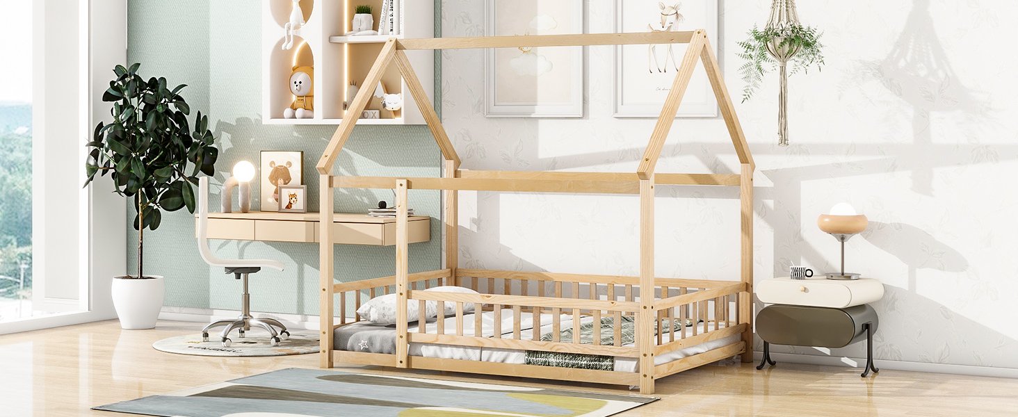 Full Size Floor Wooden Bed With House Roof Frame, Fence Guardrails - Nartural - Image 6