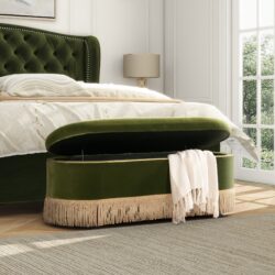 Melinda - Oval Tufted Bullion Fringe Storage Bench - Olive Green