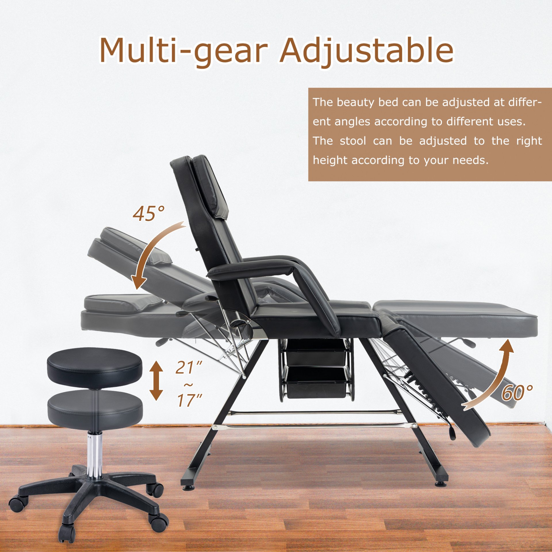 Massage Salon Tattoo Chair With Two Trays Esthetician Bed With Hydraulic Stool, Multi-Purpose 3-Section Facial Bed Table, Adjustable Beauty Barber Spa Beauty Equipment - Black - Image 8