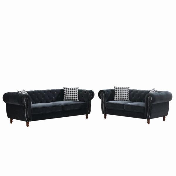 Chesterfield 3 And 2 Seater Velvet Upholstery Sofa With Roll Armrest & Nailhead Fabric Couch For Living Room & Office - Black