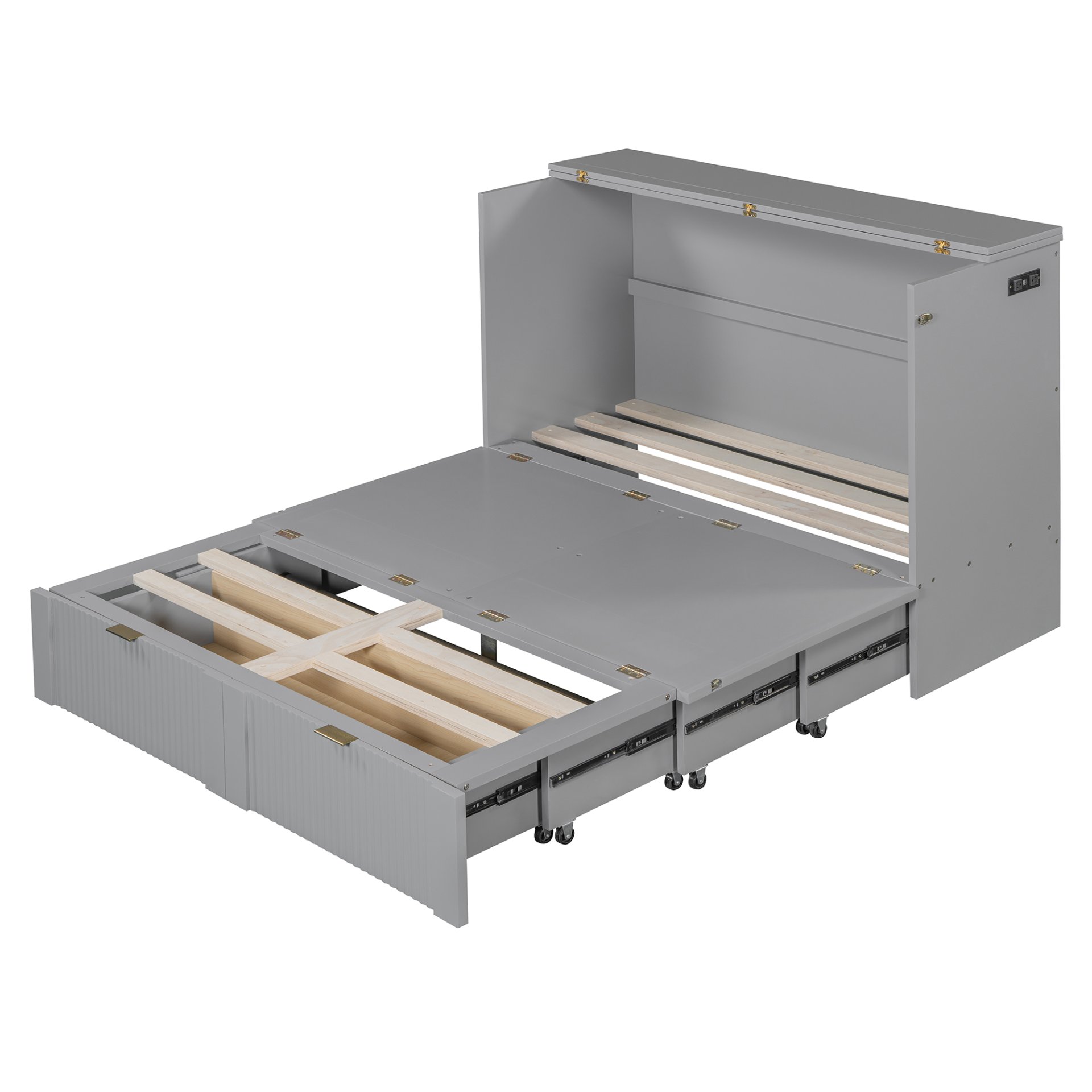 Full Size Murphy Bed With Drawer And A Set Of Sockets & USB Ports, Pulley Structure Design - Gray - Image 16