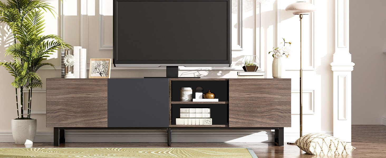 Modern TV With 3 Cabinets & Open Shelves, Color-Matching Media Console Table For Tvs Up To 80'', Entertainment Center With Drop Down Door For Living Room - Dark Brown - Image 26