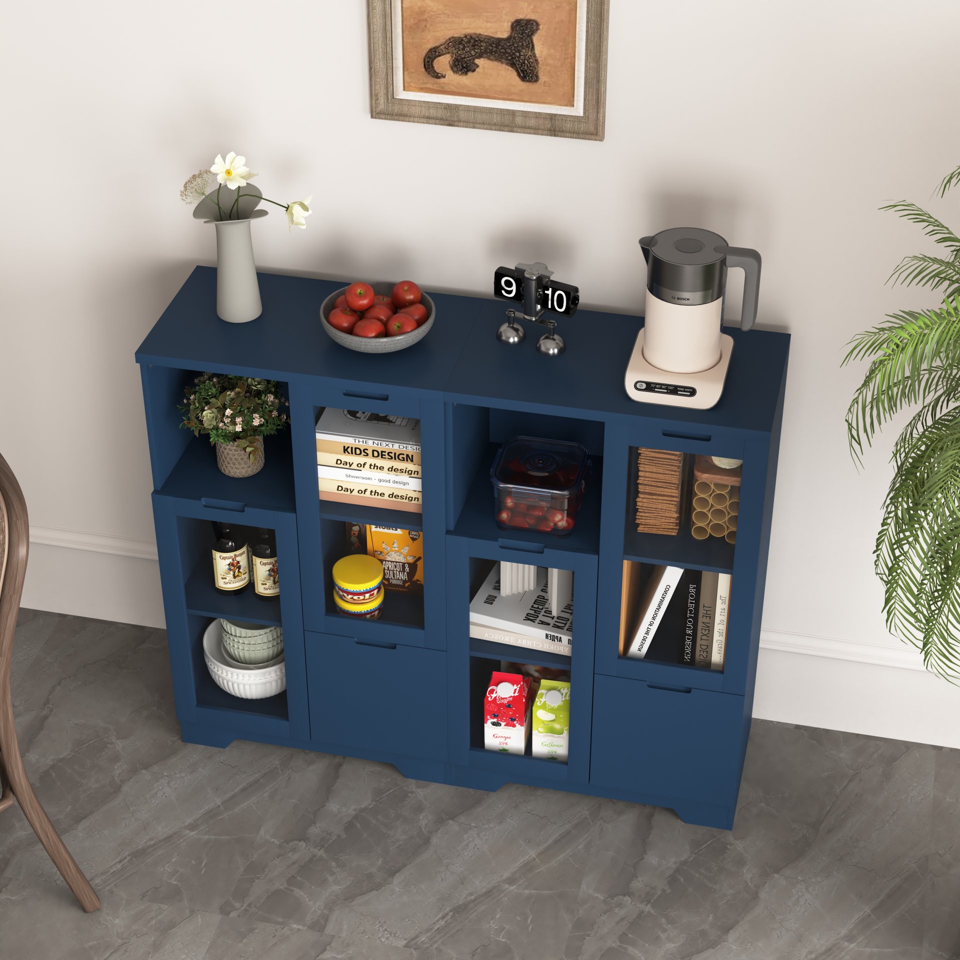 Painted Cabinet With Glass Doors, Drawer, And Open Storage Space For Bedroom And Living Room - Navy Blue - Image 7
