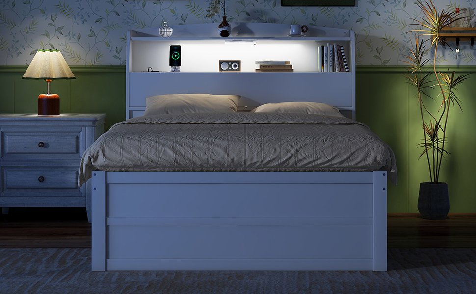 Full Size LED Platform Bed With Trundle With Storage Headboard With Drawers - White - Image 14