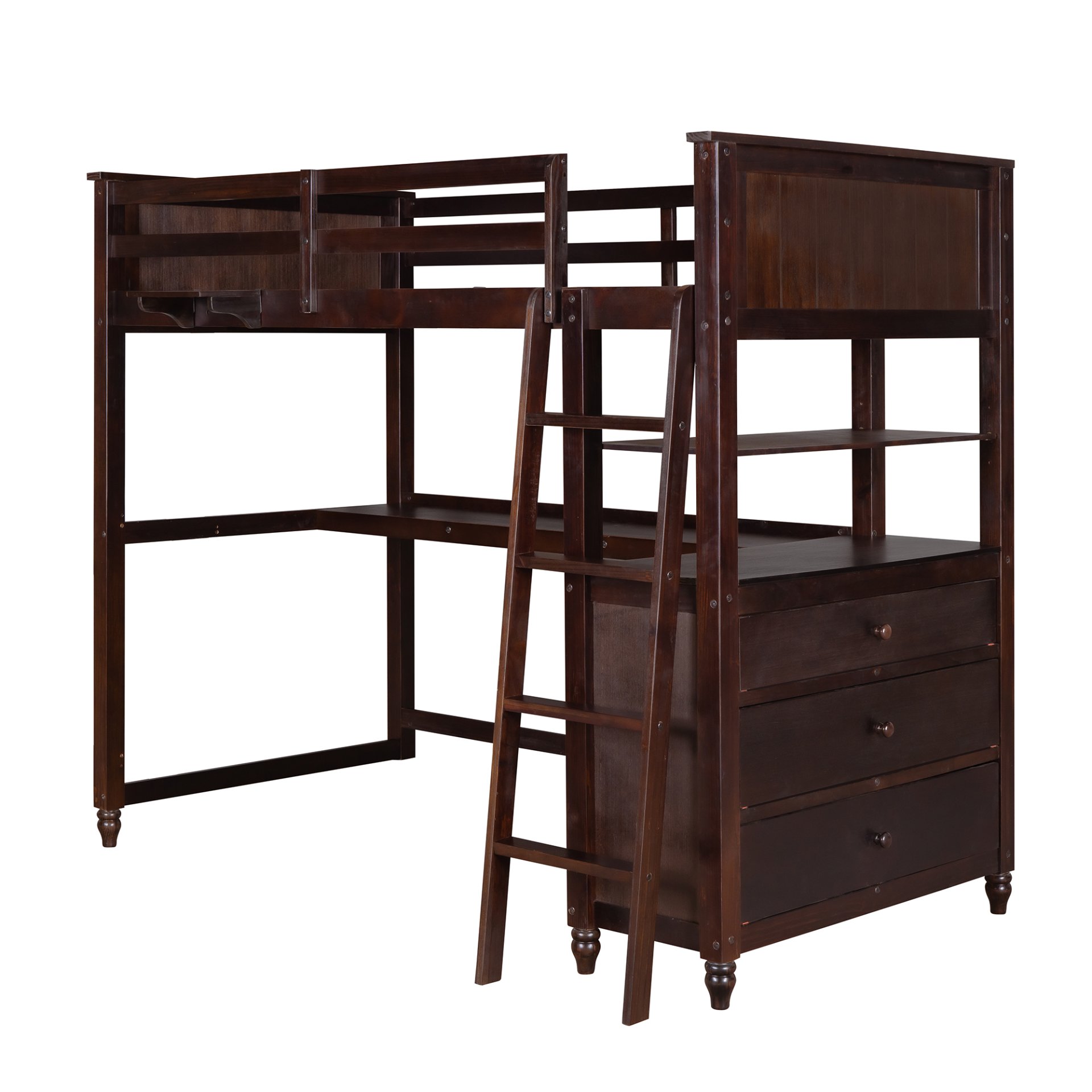 Twin Size Loft Bed With Drawers And Desk, With Shelves - Espresso - Image 8