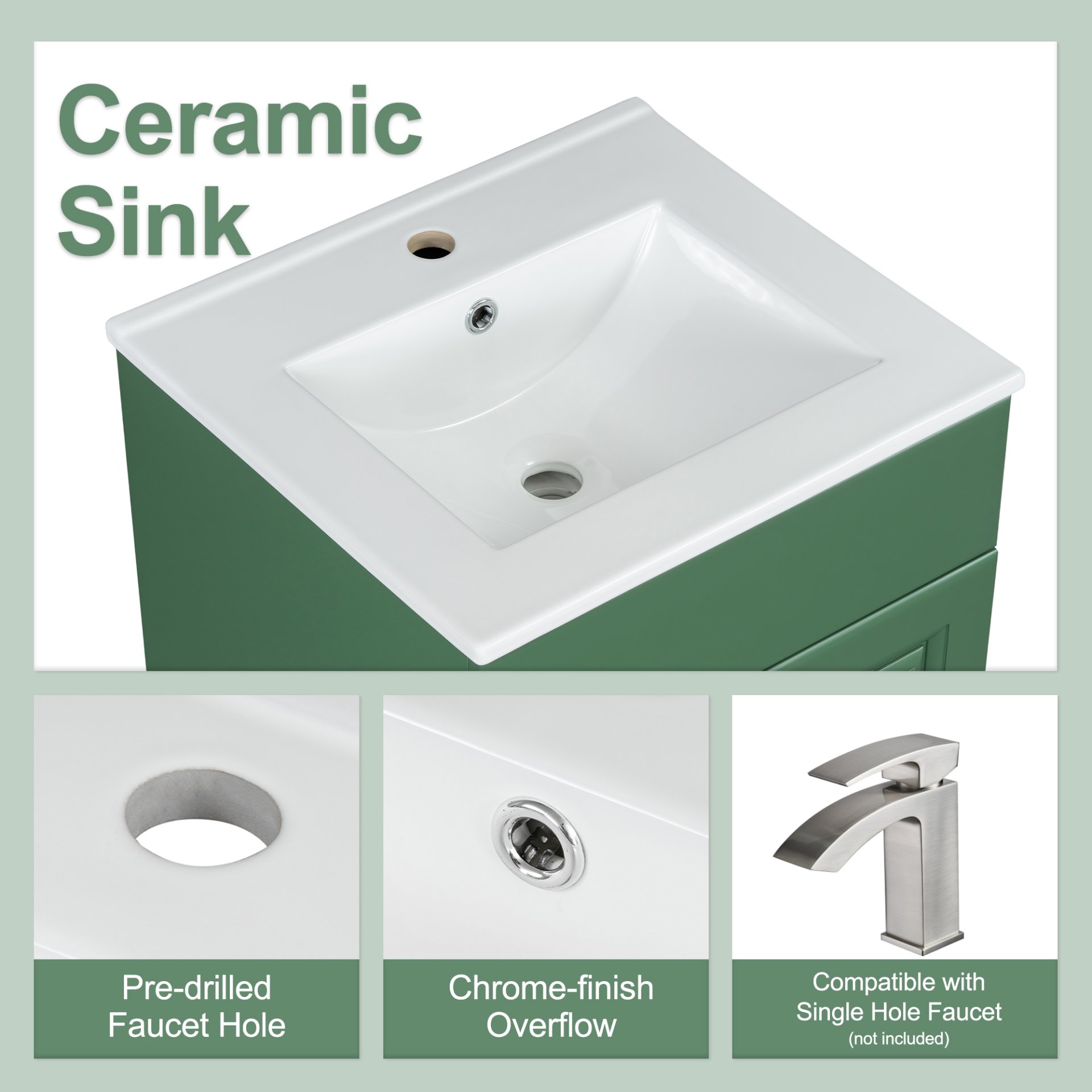 20" Bathroom Vanity With Sink, Freestanding Cabinet With Door Shelf And Adjustable Shelf, And Ceramic Construction - Green - Image 7