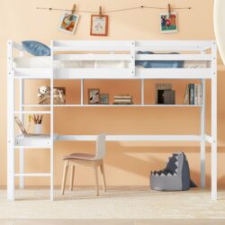 Twin Size Loft Bed With Desk And Shelves, Safety Guardrail And Ladder - White